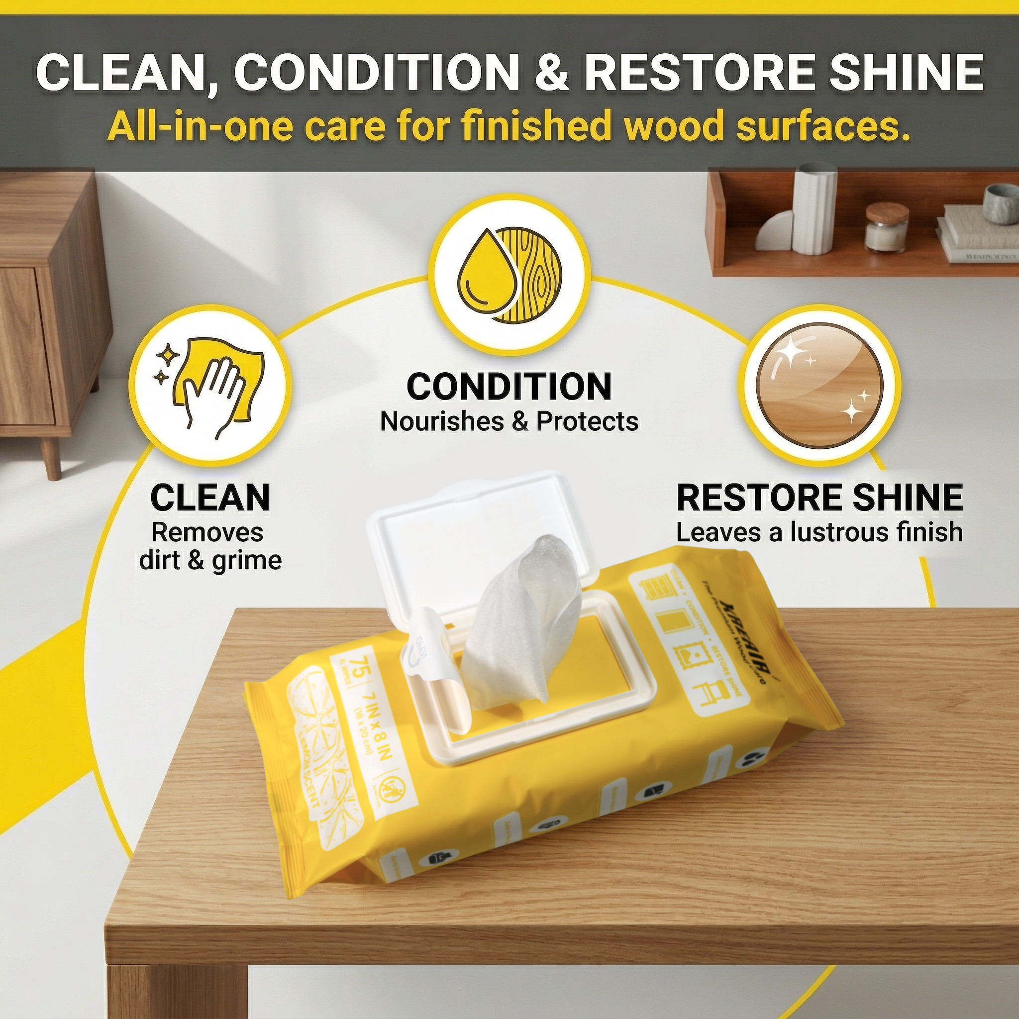 Kreair Multipurpose Wood Care Wipes XL 75 Ct