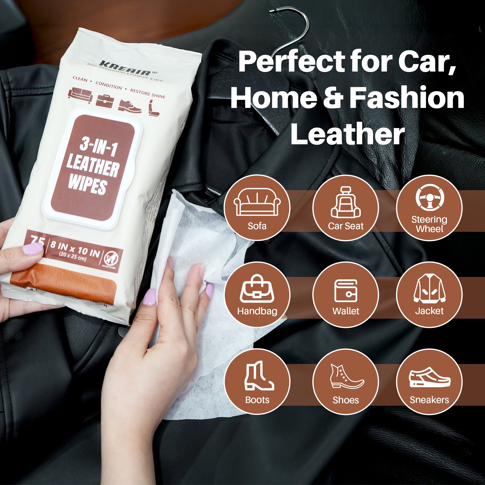 Kreair 3in1 Leather Wipes XL 75 Ct