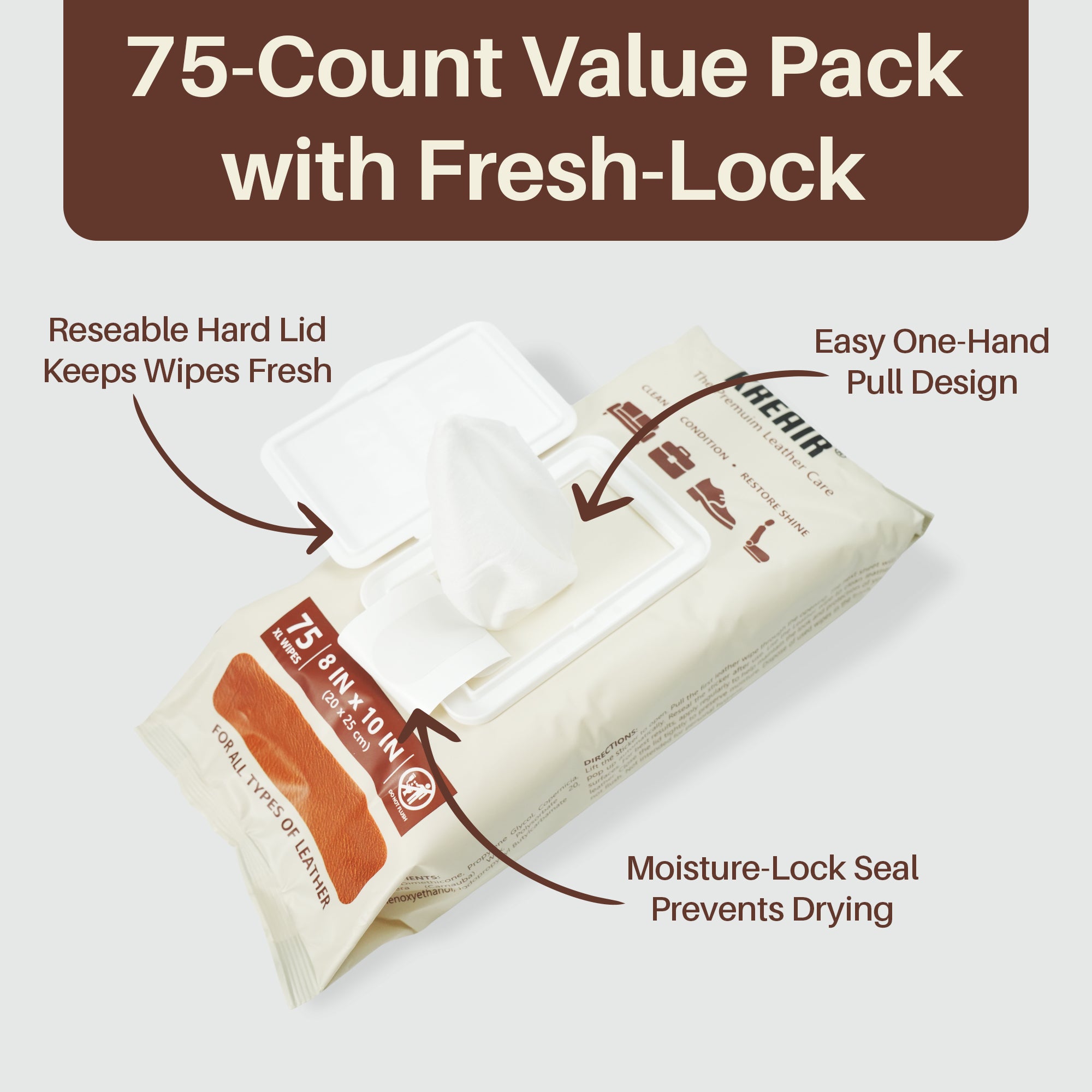 Kreair 3in1 Leather Wipes XL 75 Ct