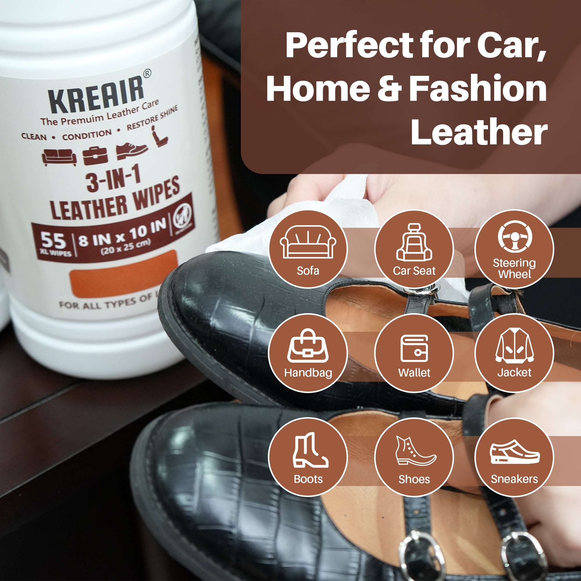 Kreair 3in1 Leather Cleaning Wipes XL 55 Ct