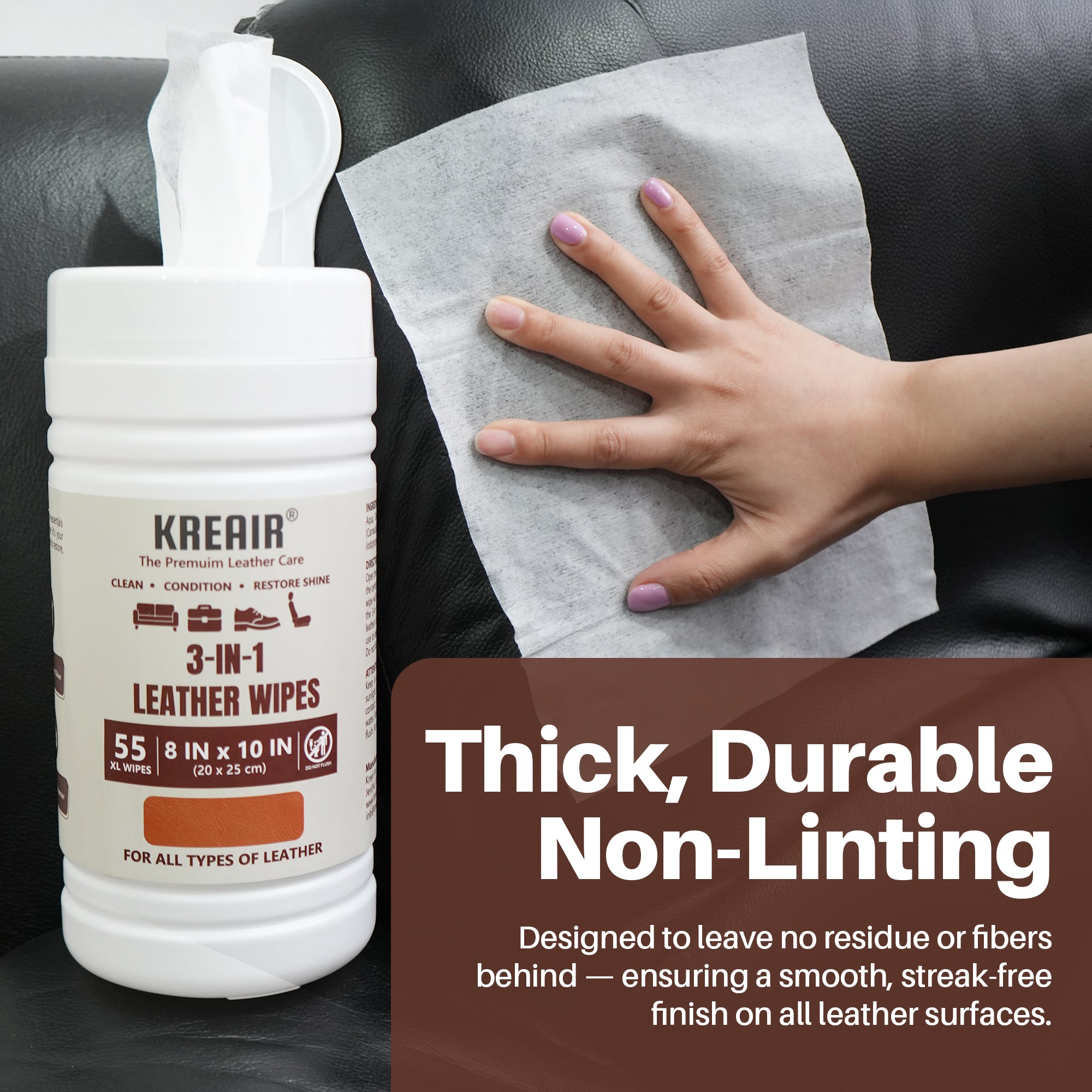 Kreair 3in1 Leather Cleaning Wipes XL 55 Ct