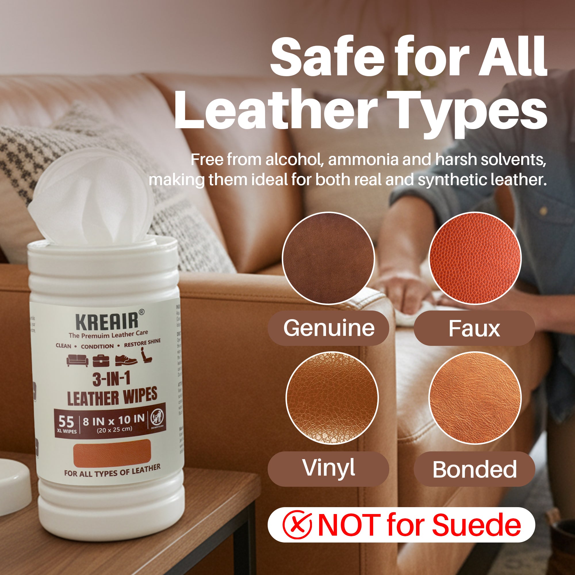 Kreair 3in1 Leather Cleaning Wipes XL 55 Ct
