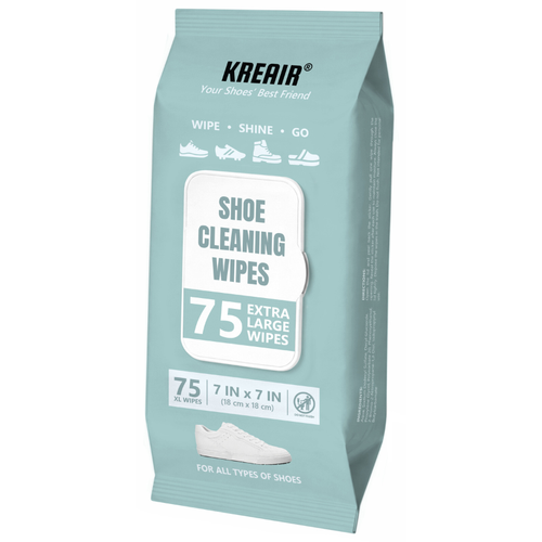 A package of KreaAir Shoe Cleaning Wipes, featuring 75 extra-large wipes in a light teal-blue resealable pouch with white and black text.